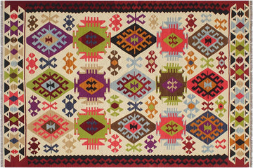 Flat Weave Kilim, Antique, Navaho, Vintage, Handmade, Geometric Kilim Beige Red Hand-Woven Rectangle 100% Wool Area Rug 6 x 8